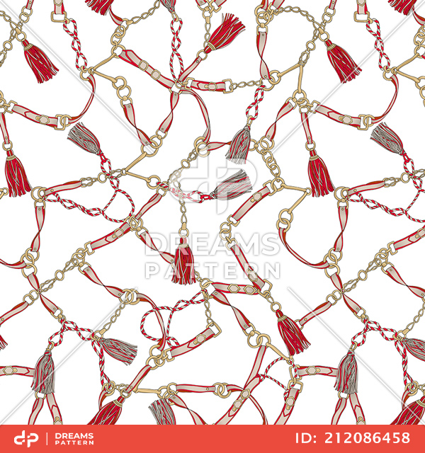 Seamless Pattern of Golden Chains, Rings, Ropes and Belts on White Background.