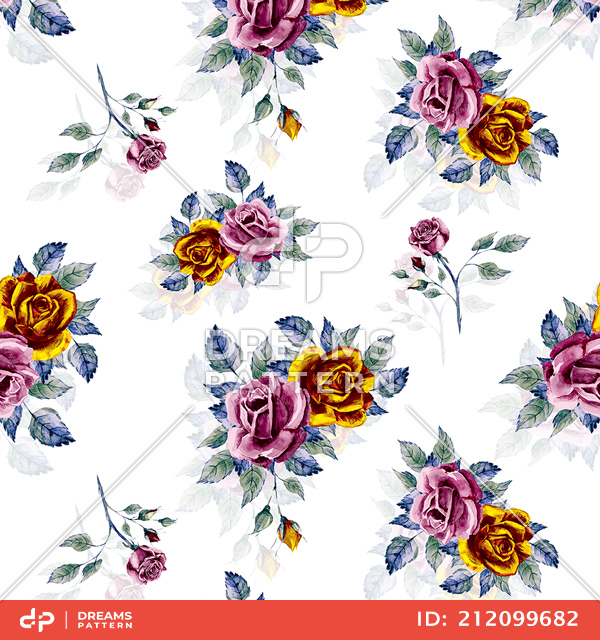 Beautiful Seamless Design with Colorful Watercolor Roses on White Background.