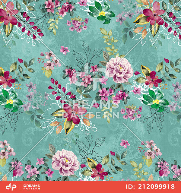 Seamless Colorful Small Flowers with Leaves. Modern Watercolor Floral Design on Mint.