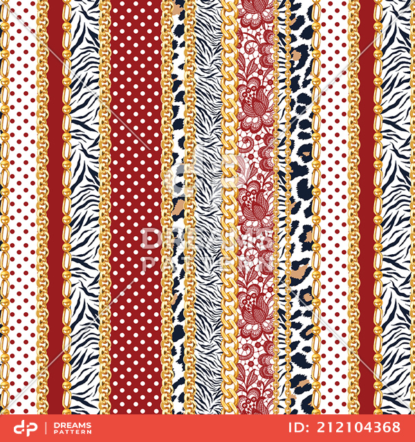 Seamless Mix Pattern of Vertical Golden Chains, Leopard, Zebra, Lace and Dots.