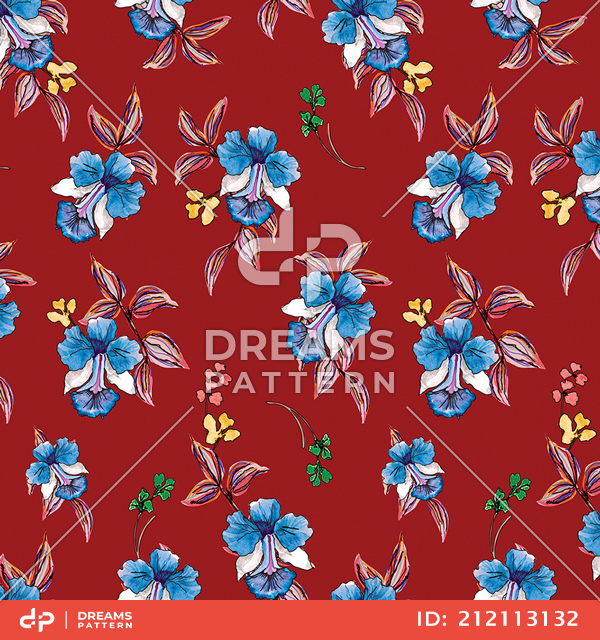 Cute Hand Drown Flowers with Leaves on Dark Red Background, Path for Textile Prints.