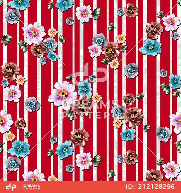 Seamless Watercolor Flowers with Red Lines, Designed For Textile Prints.