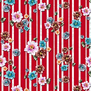 Seamless Watercolor Flowers with Red Lines, Designed For Textile Prints.