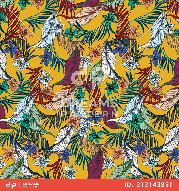 Seamless Vintage Floral Pattern with Leaves, Colorful Hand Drawn Tropical Leaves.