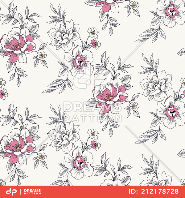 Seamless Hand Drawn Floral Pattern, Vintage Flowers on White Background.