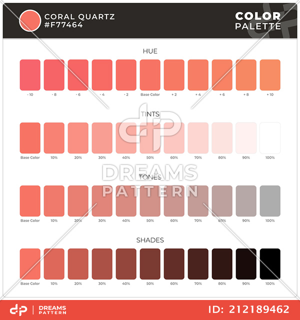 Coral Quartz / Color Palette Ready for Textile. Hue, Tints, Tones and Shades Guide.