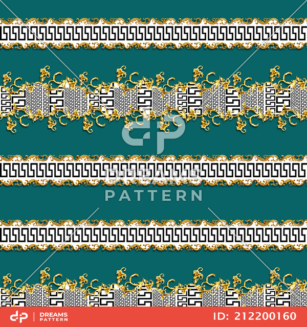 Seamless Pattern of Golden Baroque with Versace on Dark Green Background.