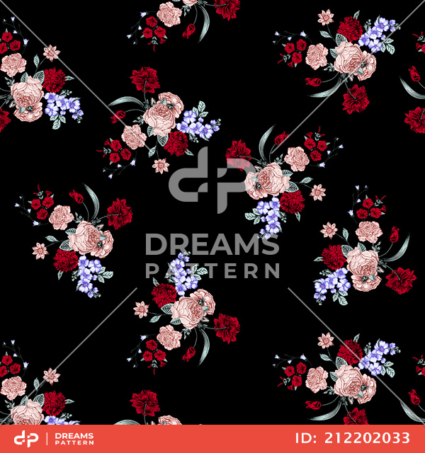 Seamless Colored Floral Pattern On Black Background, Designed for Textile Prints.