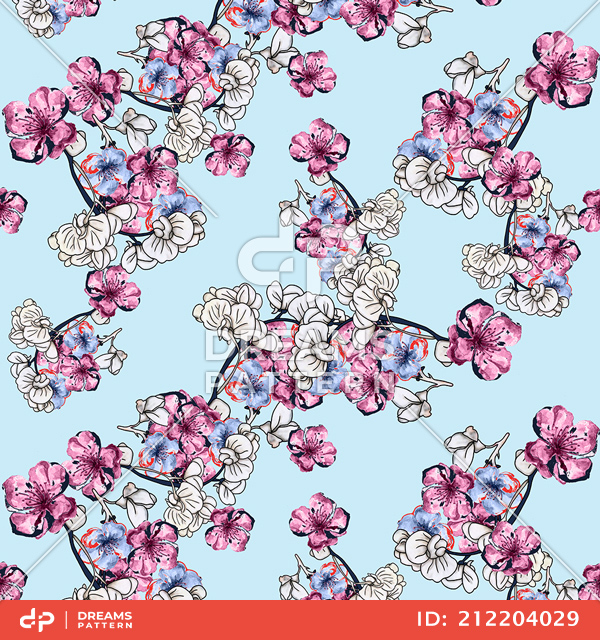 Seamless Hand Drawn Flowers Pattern, Repeated Illustration Ready for Textile Prints.