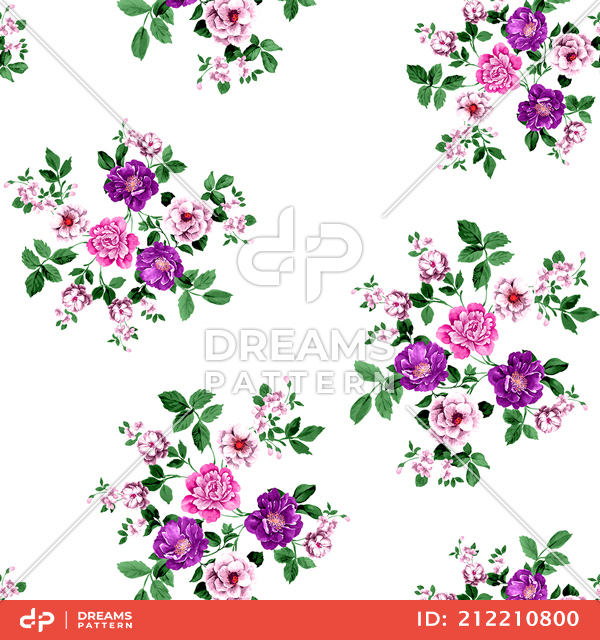 Seamless Pattern of Flowers and Leaves on White Background, Designed for Textile Prints.