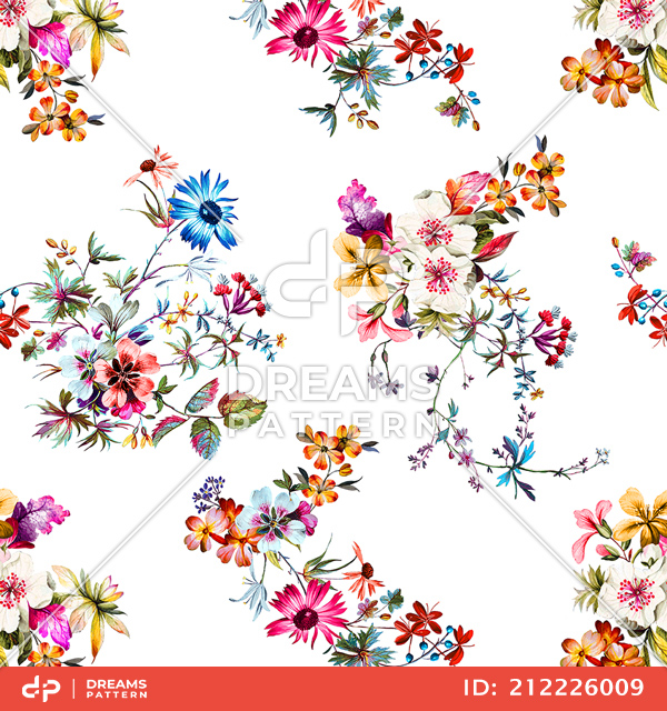 Seamless Colorful Floral Pattern, Ready for Textile Prints on White Background.
