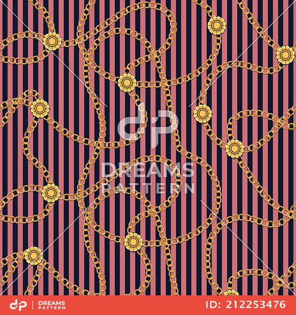 Seamless Pattern with Golden Chains on Lined Pink and Darkblue Background.