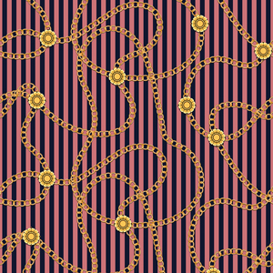 Seamless Pattern with Golden Chains on Lined Pink and Darkblue Background.
