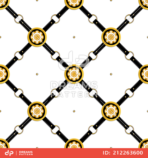 Seamless Pattern of Golden Antique Motif with Black Belts on White Background.