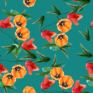 Seamless Flowers Pattern with Leaves on Turquoise Background Ready for Textile Prints.