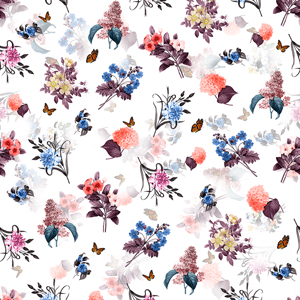 Watercolor Hand Drawn Floral Pattern, Colorful Seamless Small Flowers with Leaves.