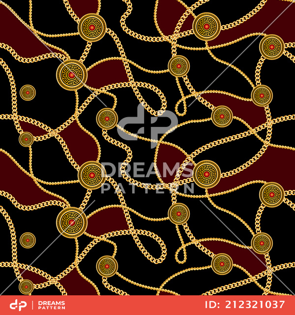 Seamless Luxury Pattern of Golden Motifs and Chains on Dark Brown Background.