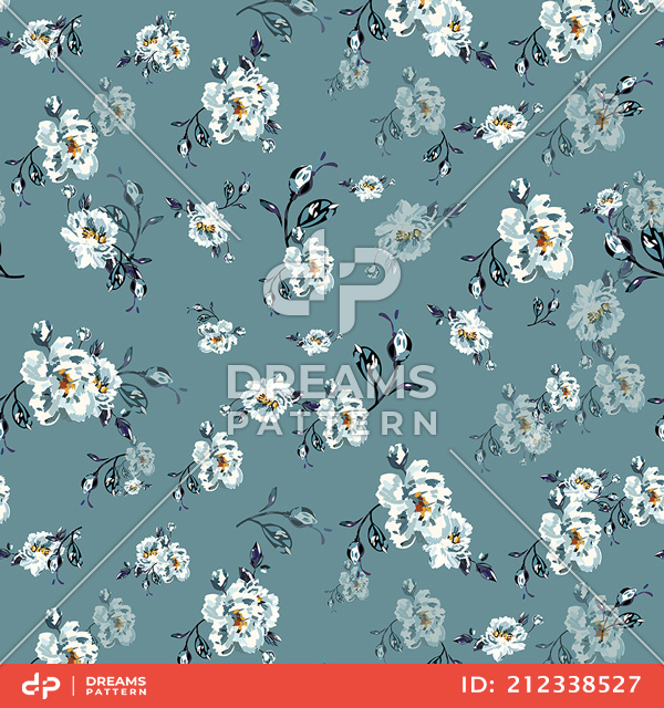 Seamlees Hand Drawn Flowers with Leaves on Light Blue Background, Design for Fashion.