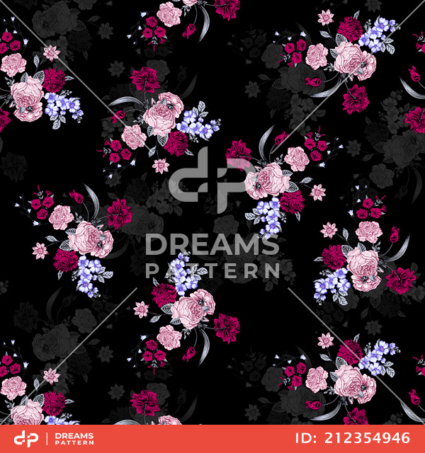 Seamless Colored Floral Pattern On Black Background, Designed for Textile Prints.