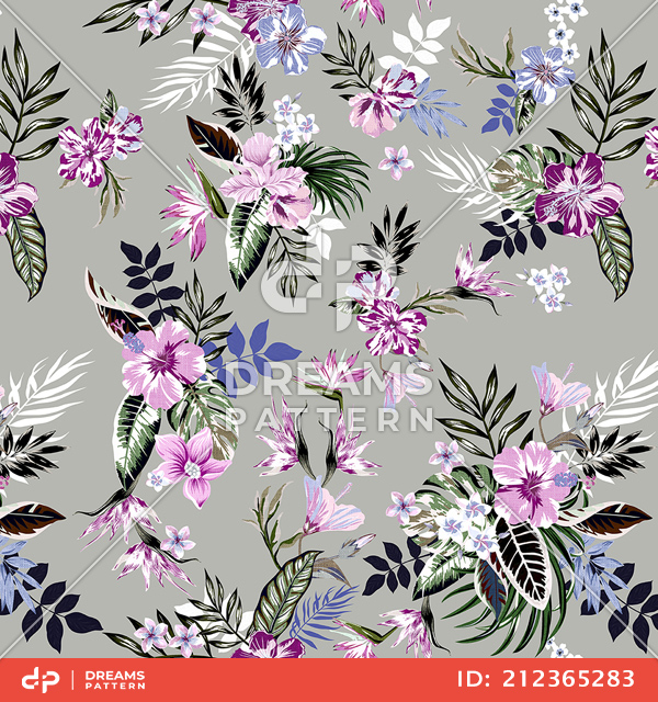 Seamless Colored Tropical Flowers; Hawaiian Floral Pattern, on Gray Background.