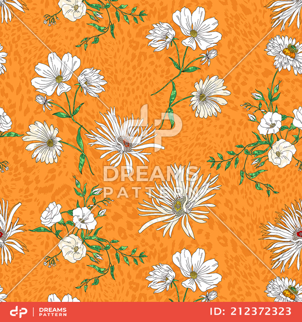 Seamless Modern Hand Drawn Floral Pattern, White Big Flowers on Orange Background.