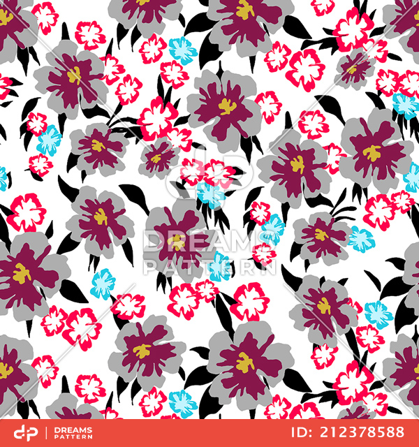 Multicolor Seamlees Flowers with Leaves, Designed for Textile Prints.