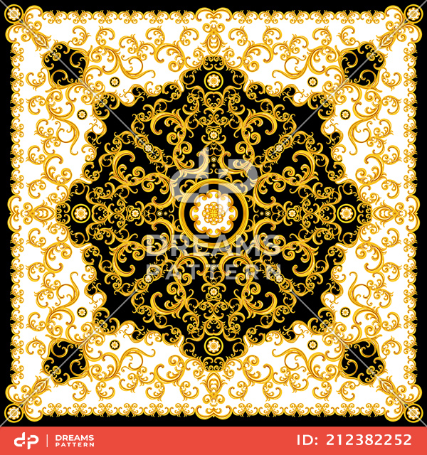 Luxury Golden Baroque Pattern, Silk Scarf Jewelry Shawl Design Ready for Fabric Prints.