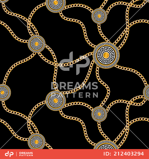 Seamless Pattern of Golden Chains and Motifs on Black Background.