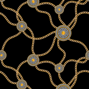Seamless Pattern of Golden Chains and Motifs on Black Background.