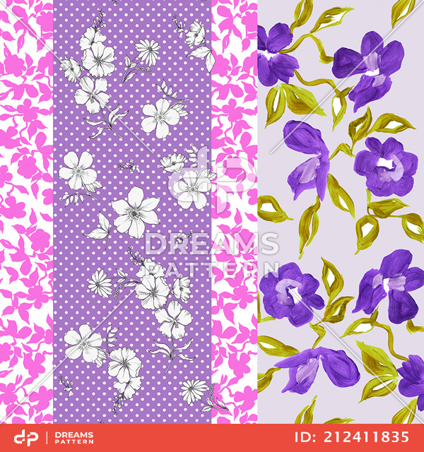 Seamless Spliced Blocked Floral Stripe with Polka Dots on Different Backgrounds.