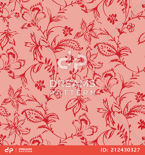 Seamless Hand Drawn Flowers with Leaves. Repeating Pattern on Pink Background.