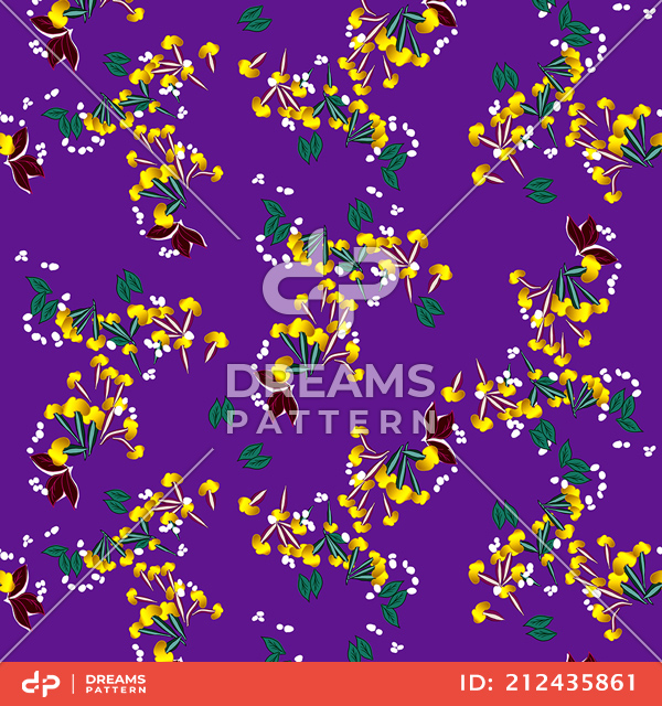 Seamless Mini Golden Flowers with Leaves, Abstract Pattern Ready for Textile Prints.