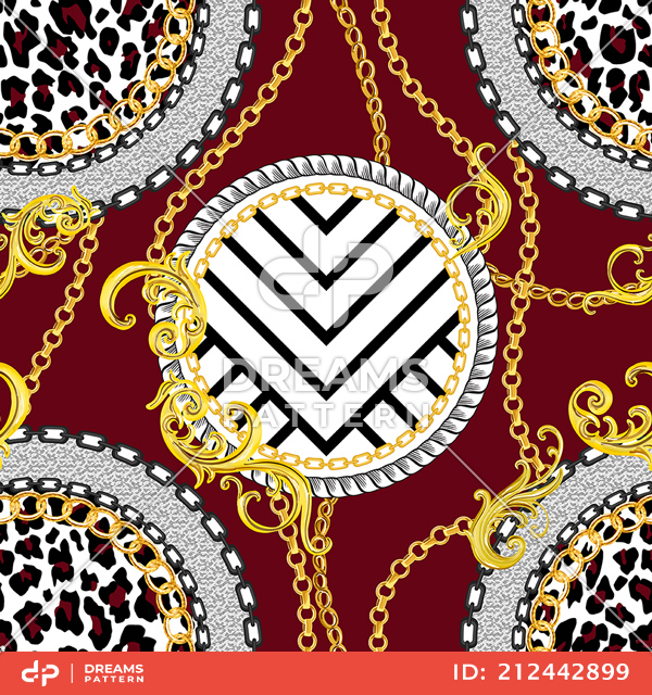 Seamless Golden Chains Pattern with Decorative Baroque Motif on Red Background.