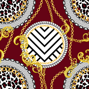 Seamless Golden Chains Pattern with Decorative Baroque Motif on Red Background.