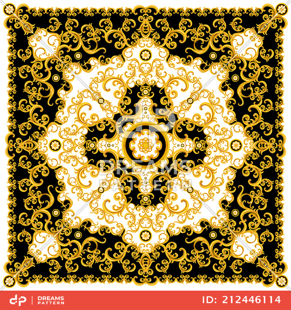 Luxury Golden Baroque Pattern, Silk Scarf Jewelry Shawl Design Ready for Fabric Prints.