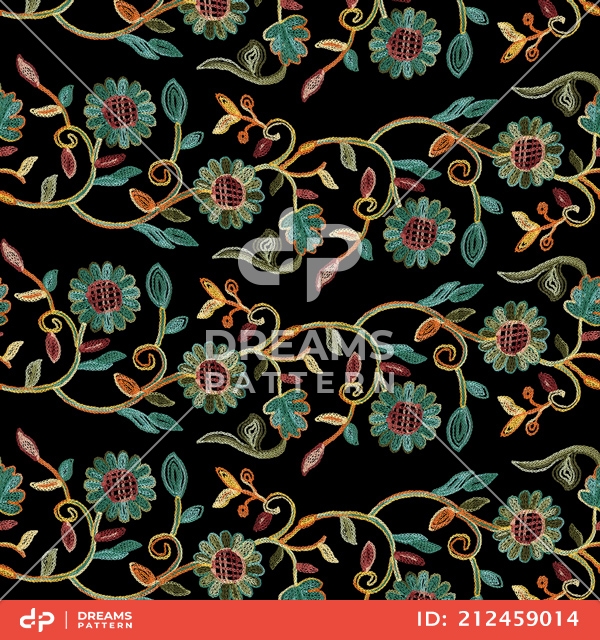 Seamless Embroidery Pattern of Flowers with Leaves Designed for Fabric Textile.