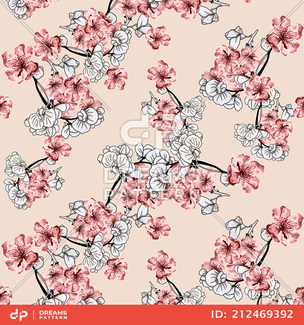 Seamless Hand Drawn Flowers Pattern, Repeated Illustration Ready for Textile Prints.