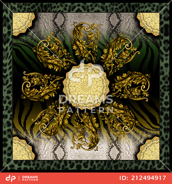 Modern Art for Silk Scarf Shawl, Golden Baroque on Zebra Skin Background.