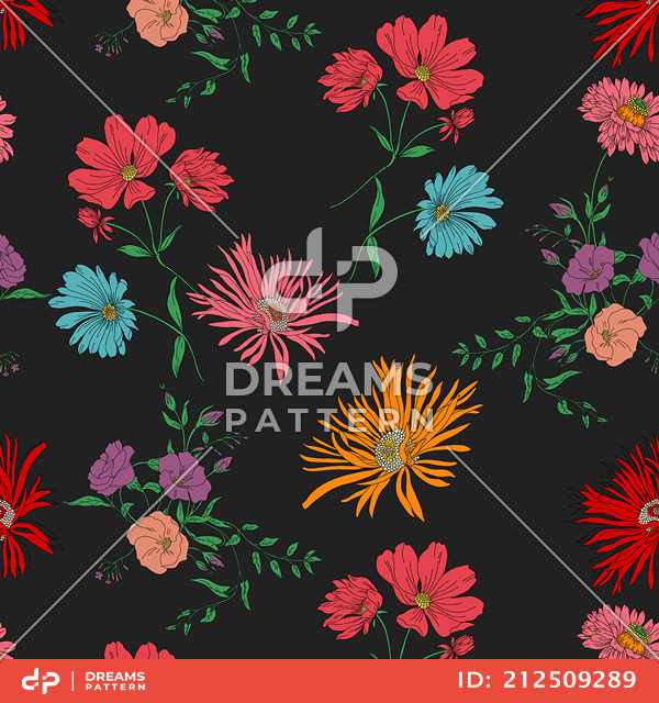 Seamless Modern Hand Drawn Floral Pattern, Colorful Big Flowers on Black Background.