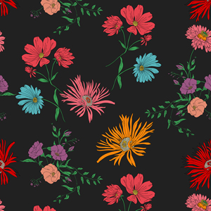 Seamless Modern Hand Drawn Floral Pattern, Colorful Big Flowers on Black Background.