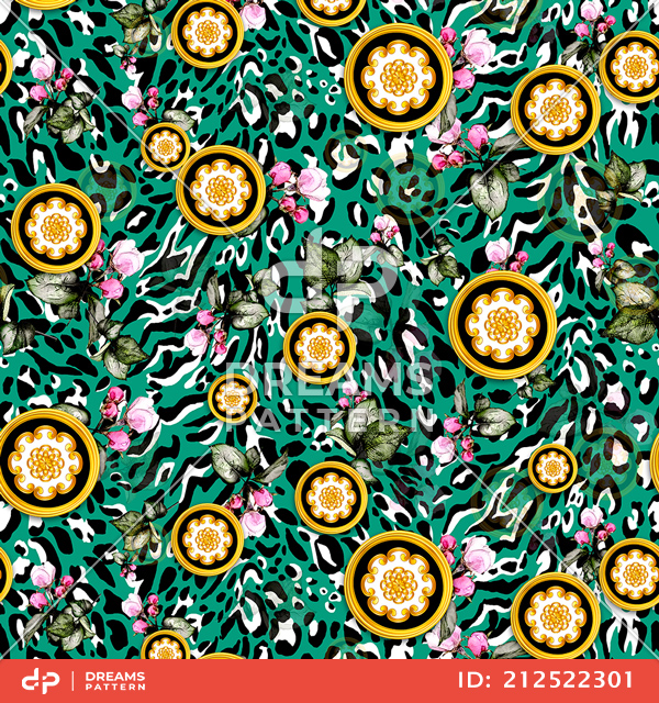 Seamless Pattern of Golden Decorative Motif with Flowers, on Colored Leopard Skin.