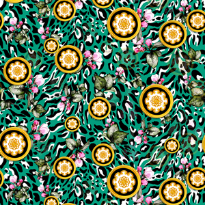 Seamless Pattern of Golden Decorative Motif with Flowers, on Colored Leopard Skin.