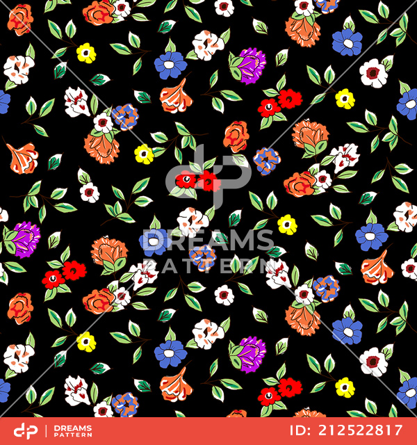 Small Hand Drawn Flowers, Seamless Spring Pattern on Black Background.