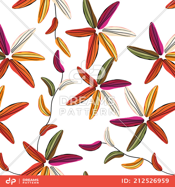 Beautiful Hand Drawn Lily Flowers, Seamless Pattern Designed on White Background.