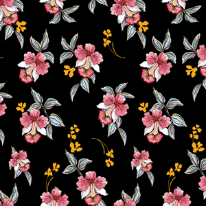 Cute Hand Drown Flowers with Leaves on Black Background, Path for Textile Prints.