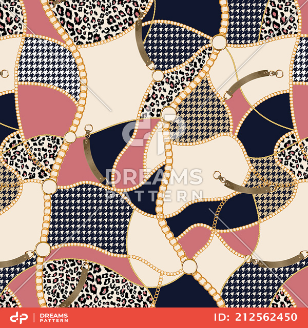 Seamless Pattern of Golden Chains and Belts, with Houndstooth on Light Background.