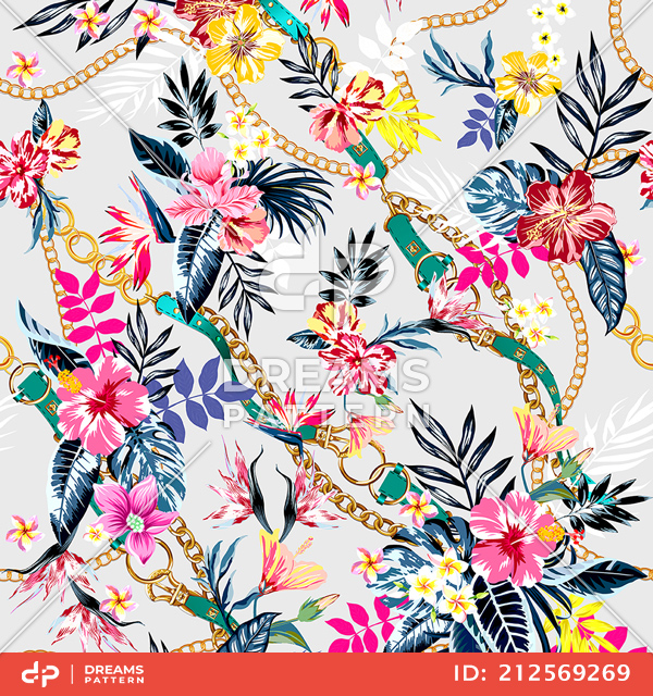 Colored Tropical Flowers with Chains and Belts; Hawaiian Pattern, on Gray Background.