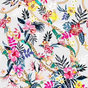 Colored Tropical Flowers with Chains and Belts; Hawaiian Pattern, on Gray Background.