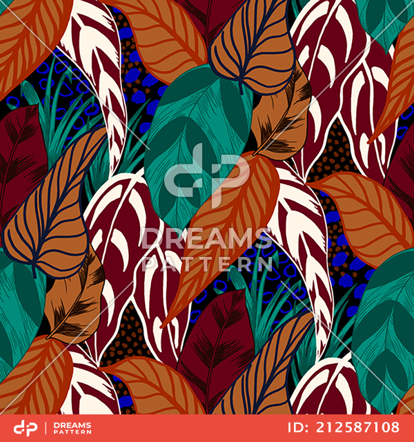 Beautiful Colorful Retro Hand Drawn Leaves, Tropical Palm Forest, Sketch Mood Pattern.