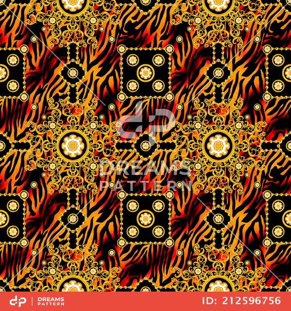 Seamless Luxury Pattern of Golden Chains and Baroque on Animal Skin Background.